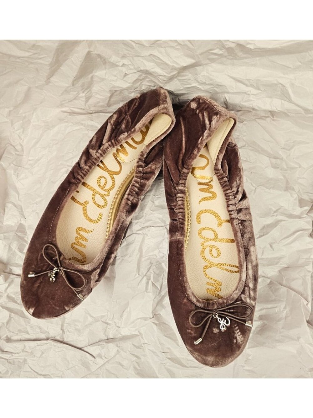 Sam Edelman Womens Velvet Ballet Flats Brown Size 7.5 With Bow & Charm Accent